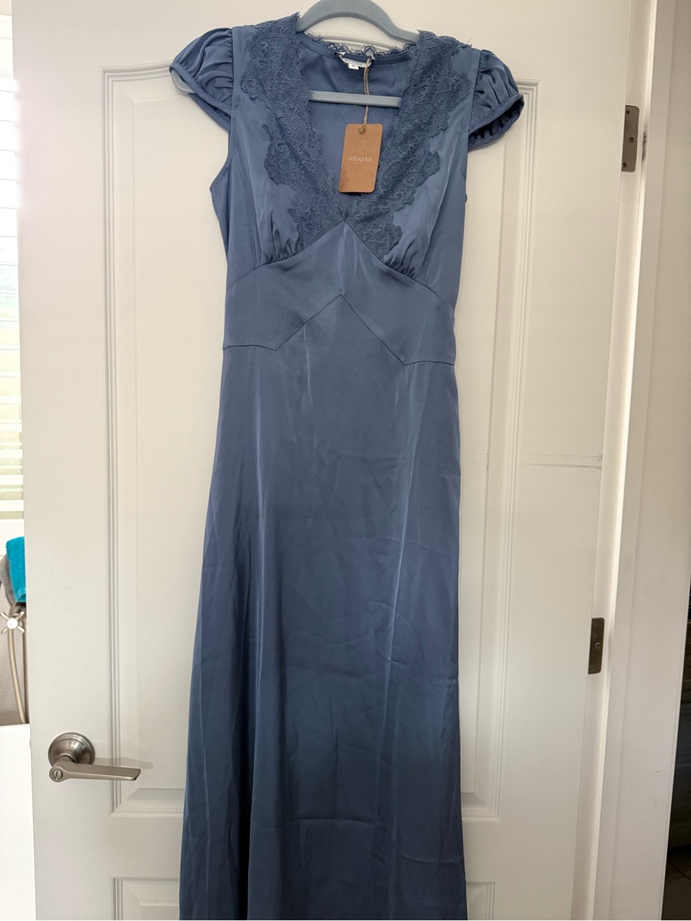 RIHOAS vintage and inspired Dusty Blue Lace-Trim Maxi Dress Size XS